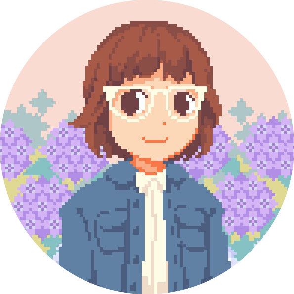 A pixel art portrait of a person with short brown hair and glasses.